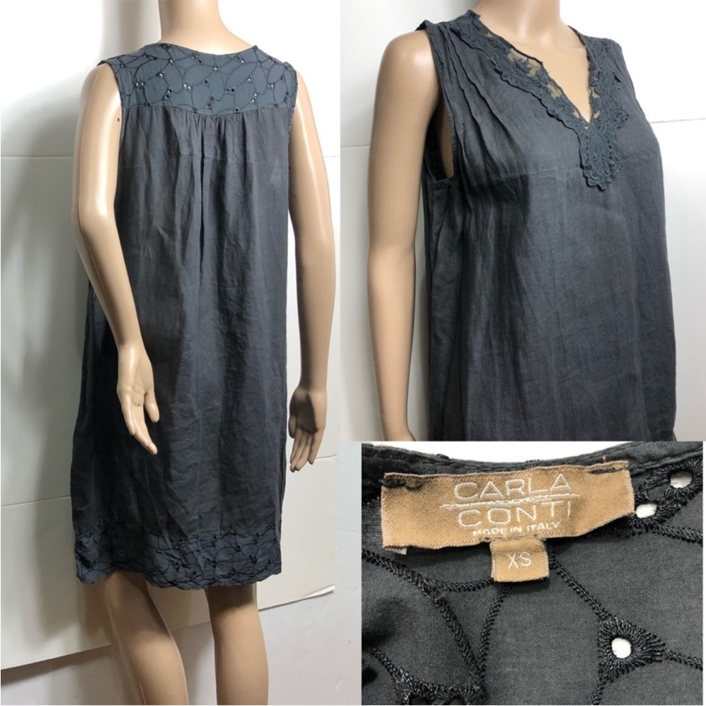 Carla Conti Made in Italy Gray Linen & Eyelet Lace Shift Dress XS Charco…